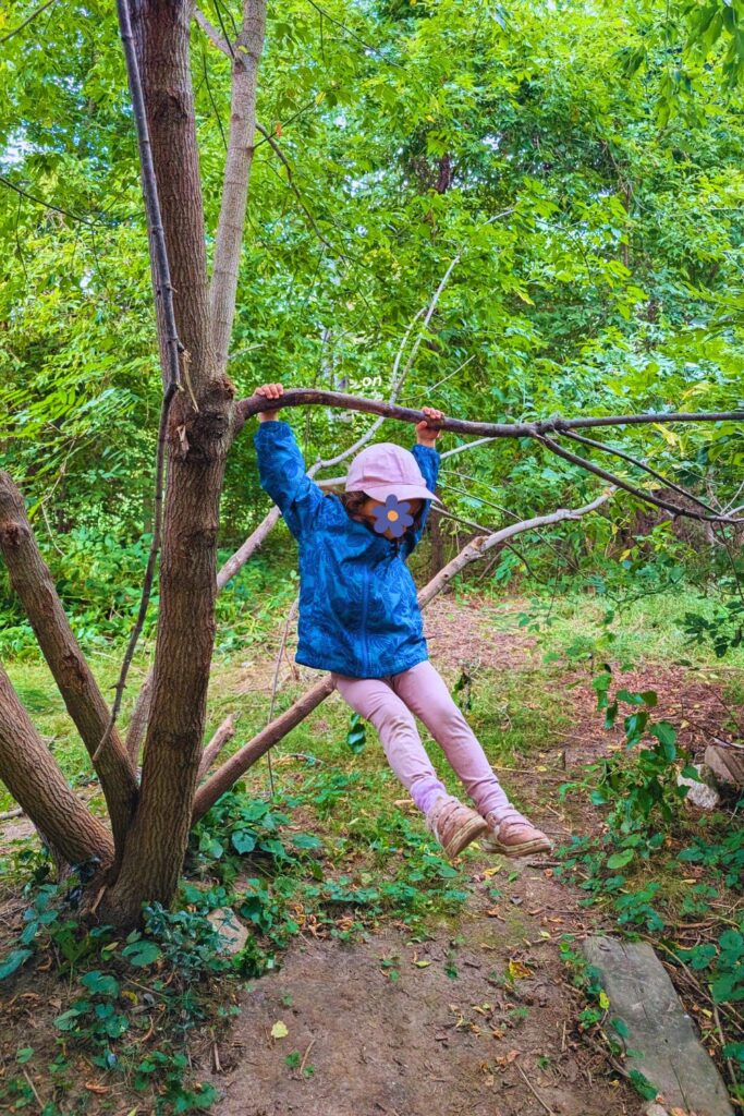 a child swinging from a tree branch at a forest school