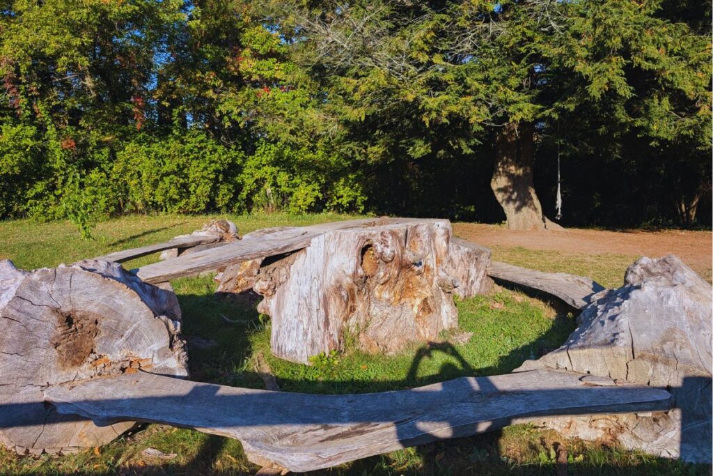 a wooden play structure at my daughter's forest school